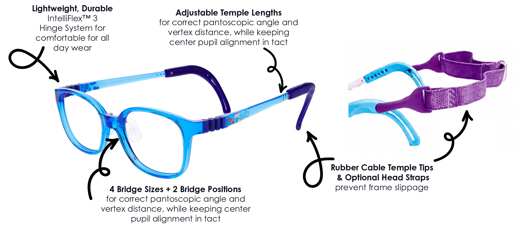 Variable Fit frame features: IntelliFlex 3 hinge system, adjustable temple lengths, 4 bridge sizes and 2 bridge positions, rubber cable temple tips and optional head straps